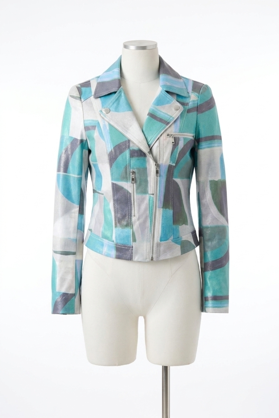 NEW JOSEPH RIBKOFF geometric faux suede moto jacket